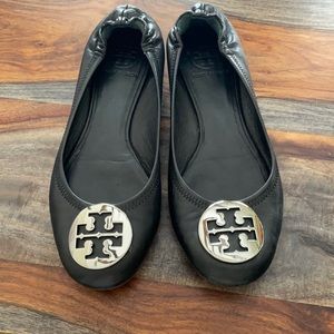 Tory Burch black and silver Minnie Flats